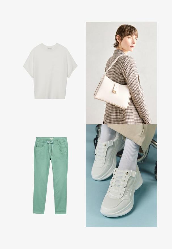 Balta īsā piedurknē T-krekls ar plašu apļa kaklu un teksturētu ribu rakstu, izgatavots no mīksta auduma, ar brīvu piegriezumu un tīru dizainu.; Svaigi zaļas bikses no mīksta auduma, aprīkotas ar stringa jostu, divām priekšējām kabatām un smalkiem šuvju akcentiem gar sānu šuvēm.; Baltie sporta apavi ar sietu materiālu, gumijas zoli, bez šņoru dizainu ar elastīgām beigām un zeltainiem akcentiem.; Balta ādas rokassoma ar strukturētu dizainu, kurai ir magnētiska aizdare un plecu josta, parādīta uz neitrāla fona.