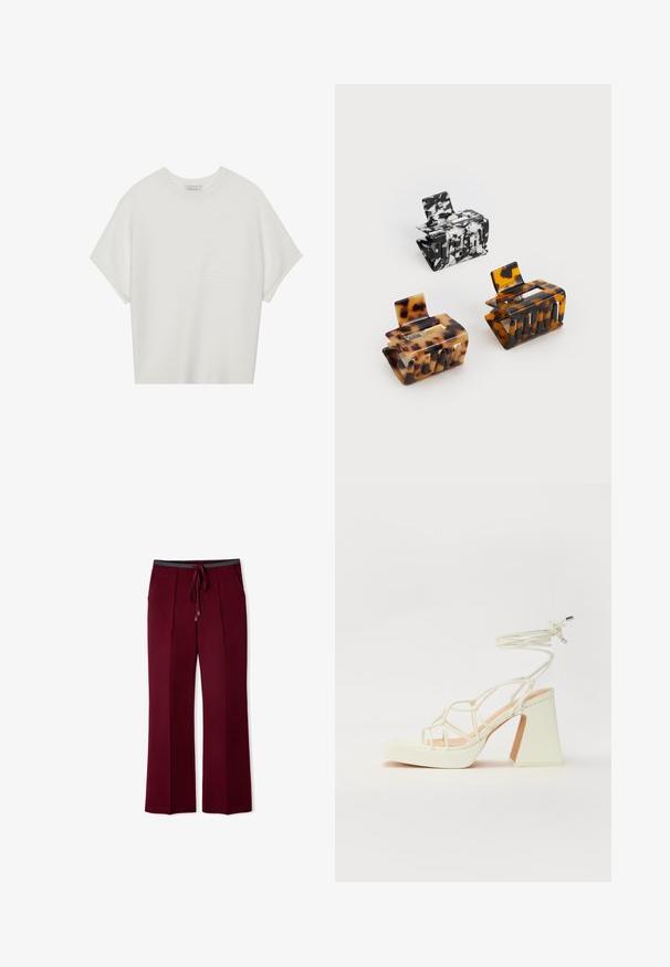 Witte T-shirt met korte mouwen, een brede ronde hals en een gestructureerd ribpatroon, gemaakt van zachte stof. Het shirt heeft een ontspannen pasvorm en een strakke uitstraling.; Bordeaux brede broek met een verstelbare tailleband, voorzien van twee frontzakken en verticale plooien voor extra structuur en textuur.; Witte hoge hakken sandaal met een chunky hak, met een bandjesontwerp en enkelband. Gladde textuur met een plateau voor extra hoogte.; Drie haarspelden: één gemarmerd in zwart en wit, twee tortoise-shell in bruine en zwarte tinten, allemaal gemaakt van glanzend plastic met een gewelfde afwerking.