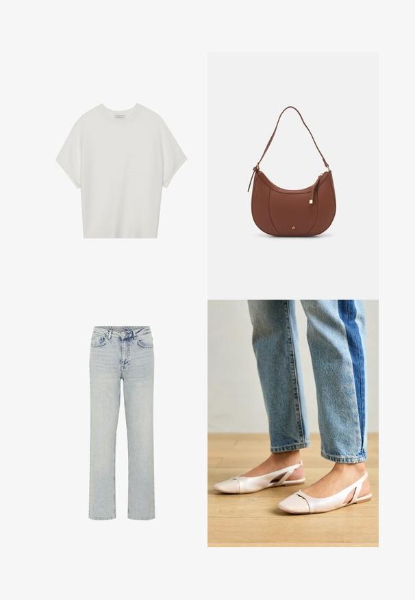 Valge lühikeste varrukatega T-särk laia ümaraha kaelusega ja tekstureeritud ribapatterniga, pehmest kangast, lõdva istuvuse ja puhta disainiga.; My Essential Wardrobe 35 THE LOUIS 139 HIGH WIDE Y - Sirgete säärtega teksad - light blue dirty wash; Kahvatu roosa slingback lapikute jalatsite paar, millel on terav varvas, valmistatud siledast nahataolisest materjalist. Omab külgedel lõikekohti ja lapikut kontsa.; Pruun faux nahast õlaline kott, millel on kaarjas kuju, minimaalne õmblemine ja kuldse tooni metallist aksessuaar. Omab ülemist tõmblukku ja reguleeritavat rihma.