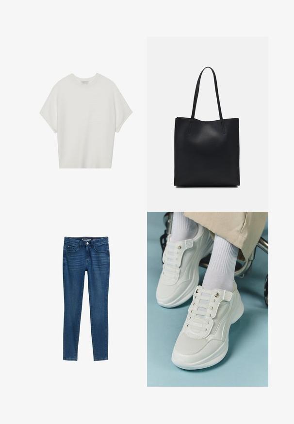 Bijela majica kratkih rukava s širokim okruglim izrezom i teksturiranim rebrastim uzorkom, izrađena od mekog materijala, s opuštenim krojem i čistim dizajnom.; Tamne traperice u tamnoplavoj boji s uskim krojem. Imaju klasičan dizajn s pet džepova, zatvaranje na gumb i detalje šivanja. Glatka tekstura.; Bijele tenisice s mrežastim materijalom, gumeni potplat, dizajn bez vezica s elastičnim trakama i zlatnim detaljima.; Crna kožna torba za nošenje s glatkom teksturom, pravokutnim oblikom i dvije duge ručke. Nema vidljivih metalnih dijelova ili ukrasa.