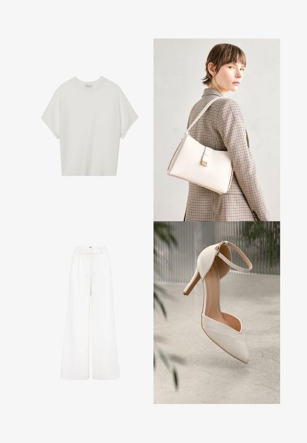 T-shirt blanc à manches courtes avec un large col rond et un motif côtelé texturé, fabriqué en tissu doux, présentant une coupe décontractée et un design épuré.; Pantalons larges en tissu léger, de couleur blanche éclatante, avec une taille haute et un design plissé à l'avant pour un détail supplémentaire.; Chaussure à talons hauts blanche en matériau lisse, avec un bout pointu et une sangle autour de la cheville. Présente un intérieur beige clair et des accents en matériel doré.; Sac à main en cuir blanc au design structuré, doté d'un fermoir magnétique et d'une bandoulière, présenté sur un fond neutre.