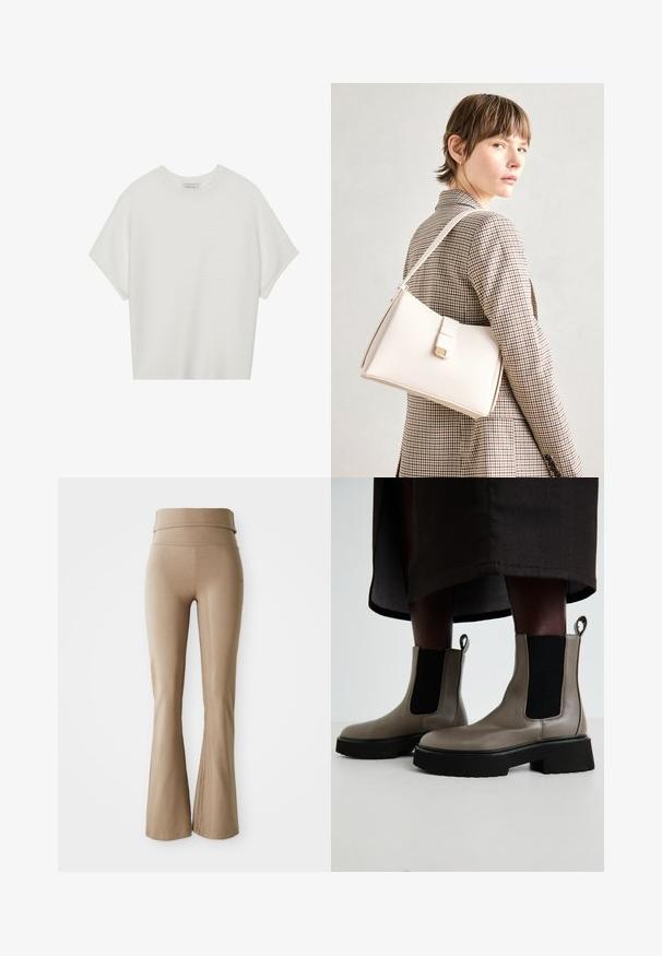 Balta īsā piedurknē T-krekls ar plašu apļa kaklu un teksturētu ribu rakstu, izgatavots no mīksta auduma, ar brīvu piegriezumu un tīru dizainu.; Beige klasis stila legingi, kas izgatavoti no elastīgas auduma; ar platu, saliekamu jostas vietu un delikātu šuvju detalizāciju. Gluda tekstūra, pieguļošs dizains.; Pelēki potītes zābaki, kas izgatavoti no teksturētas ādas, ar elastīgām sānu paneļām un masīvu melnu zoli. Ar vilkšanas cilpām vieglai uzvilkšanai.; Balta ādas rokassoma ar strukturētu dizainu, kurai ir magnētiska aizdare un plecu josta, parādīta uz neitrāla fona.