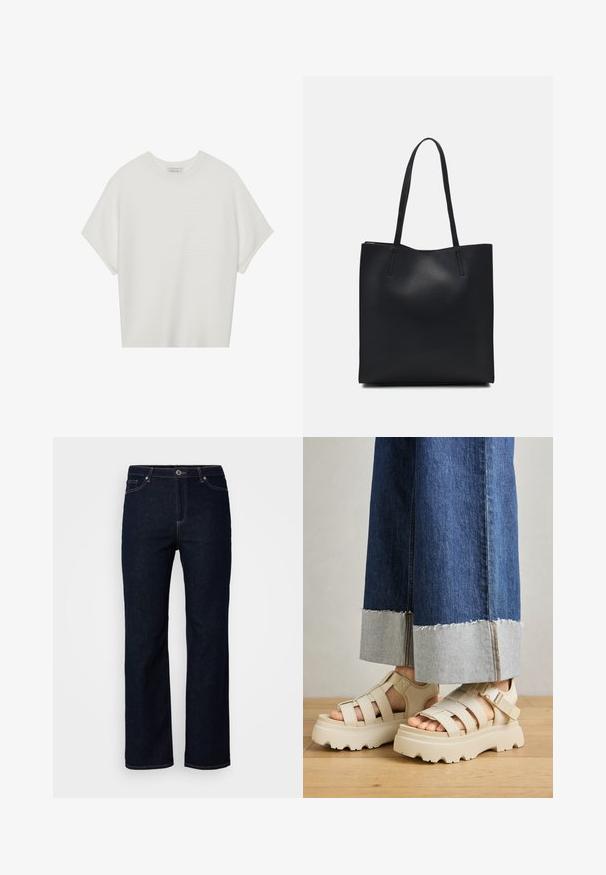 White short-sleeve t-shirt with a wide crew neck and textured ribbed pattern, made of soft fabric, featuring a relaxed fit and a clean design.; Dark blue denim jeans, straight-leg design, five-pocket style, subtle stitching details, zipper fly with button closure.; Beige platform sandals with thick soles feature a strappy design and adjustable ankle straps. Worn with wide-leg denim pants, one hem is frayed.; Black leather tote bag with smooth texture, rectangular shape, and two long handles. No visible hardware or embellishments.