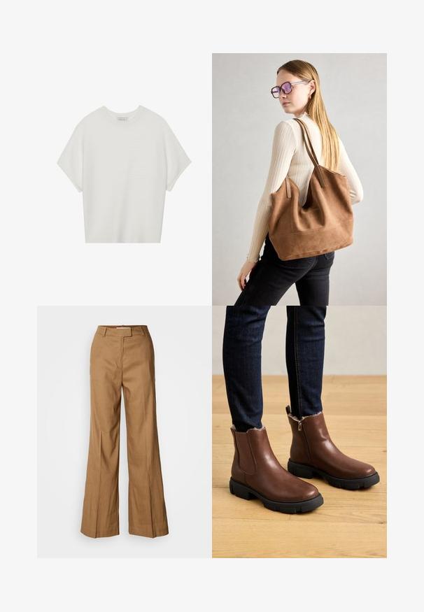 Valkoinen lyhythihainen t-paita, jossa on leveä pyöreä kaula-aukko ja teksturoitu ribbikuvio, valmistettu pehmeästä kankaasta, rento malli ja siisti muotoilu.; Ruskeat leveät housut, jotka on valmistettu kevyestä kankaasta. Ominaisuuksiin kuuluvat tasainen etuosa, vyölenkit sekä muotonsa mukauttava siluetti, jossa on nilkkapituinen leikkaus.; Ruske nahkasaappaat nilkkaosalla, jossa on vetoketjukiinnitys, teksturoitu pinta, paksu musta kumipohja ja pehmeä turkisvuori nilkan ympärillä.; Ruskea nubukkivuoriolaukku, jossa on pehmeä rakenne, tilava avaus ja pitkät hihnat. Ominaisuuksiin kuuluu yksinkertainen muotoilu näkyvine ompeleineen ja ilman metalliosia.