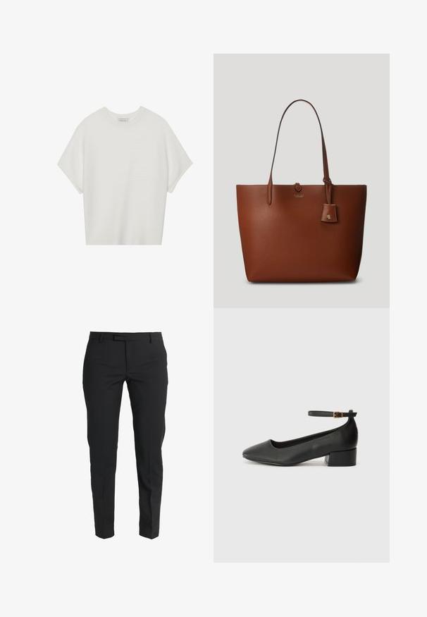 Balta īsā piedurknē T-krekls ar plašu apļa kaklu un teksturētu ribu rakstu, izgatavots no mīksta auduma, ar brīvu piegriezumu un tīru dizainu.; Melnas piegriezuma bikses, kas izgatavotas no gludas auduma, ar šauru piegriezumu, taisnām kājām, sānu kabatām un plakanu priekšpusi ar rāvējslēdzēju.; Melnas ādas sūkņi ar smailu purngalu un zemu bloku papēdi. Iezīmēts ar potītes siksniņu ar zelta krāsas sprādzi. Gluda tekstūra.; Brūna, akmeņainā ādas rokassoma ar divām rokturiem, nelielu pievienotu birku un nemanāmu logotipu uz priekšpuses. Gluda tekstūra ar strukturētu formu.