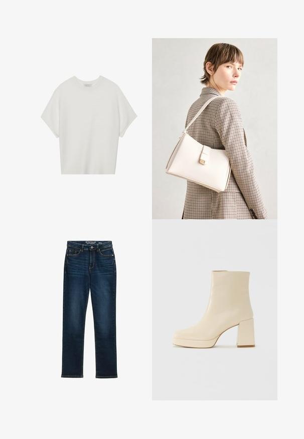 Bijela majica kratkih rukava s širokim okruglim izrezom i teksturiranim rebrastim uzorkom, izrađena od mekog materijala, s opuštenim krojem i čistim dizajnom.; Tamno plave ravne traperice izrađene od denima, s pet džepova, metalnim zakovicama i kontrastnim šavovima. Bez vidljivih oštećenja.; Bež kožne gležnjače s blok petom i platformom, glatke površine, i lagano kvadratnim vrhom, okrenute lijevo na bijeloj pozadini.; Bijela kožna torba s čvrstim dizajnom, s magnetskim kopčanjem i remenom za rame, prikazana na neutralnoj pozadini.