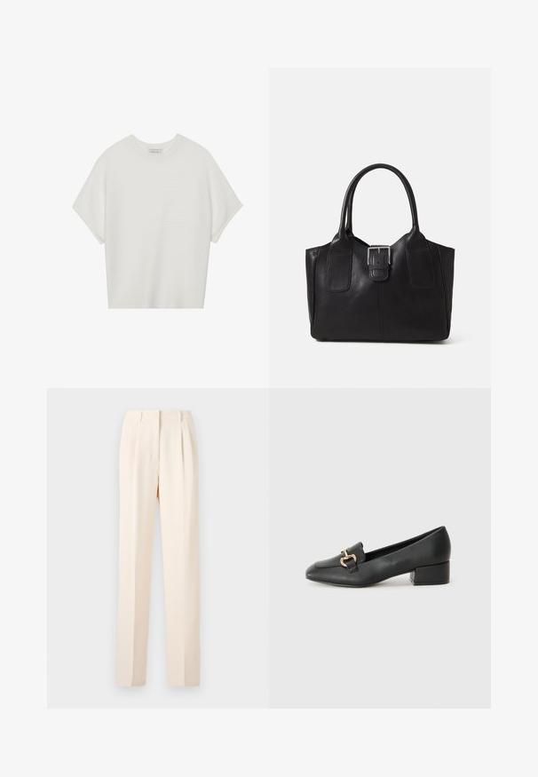 Bílý krátký rukáv tričko s širokým kulatým výstřihem a texturovaným žebrovaným vzorem, vyrobené z měkké látky, s uvolněným střihem a čistým designem.; Béžové kalhoty na míru s záhyby, se rovnou siluetou a hladkou texturou. Pas je čistý, bez viditelného hardware.; Černé kožené loferské boty s plochým podpatkem, zdobené zlatým kovovým detailem na přední straně a hladkým povrchem.; Černá kožená tote taška s hladkým povrchem, strukturovaným tvarem, dvěma uchy a výrazným stříbrným detailem s přezkou na přední straně.