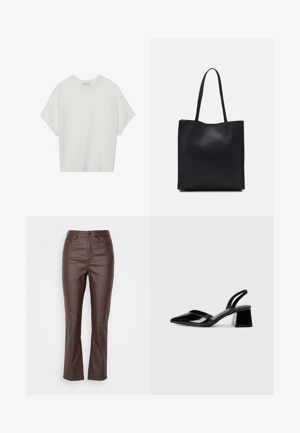 Hvit t-skjorte med korte ermer, bred rund hals og teksturert ribbet mønster, laget av myk stoff, med en avslappet passform og et enkelt design.; Brune imitation skinnbukser med rett ben-design, med fem lommer, frontknap lukning og synlige sømdetaljer.; Svarte patentlær slingback hæler med spiss tå og geometrisk blokk hæl. Har et stilrent, minimalistisk design og jevn tekstur.; Svart lær tote bag med glatt tekstur, rektangulær form og to lange håndtak. Ingen synlige deler eller dekorasjoner.