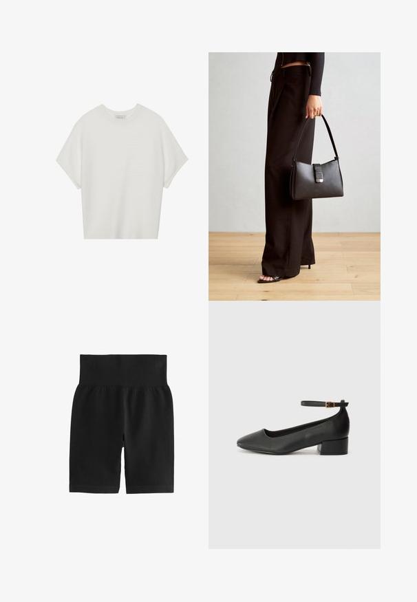 Tricou alb cu mânecă scurtă, cu guler larg și model texturat cu dungi, realizat dintr-un material moale, având o croială lejeră și un design curat.; Șorturi negre cu nervuri, dotate cu un waistband elastic lat, textură netedă și un design ajustat. Materialul este elastic pentru o libertate de mișcare sporită.; Pantof cu toc negru din piele, cu vârf ascuțit și toc mic pătrat. Dispune de o curea la gleznă cu o cataramă în tonuri de aur. Textură netedă.; Genți negre cu o formă structurată, textură netedă și un închizător metalic. Asortată cu pantaloni negri largi și sandale cu vârf deschis pe un podea din lemn.