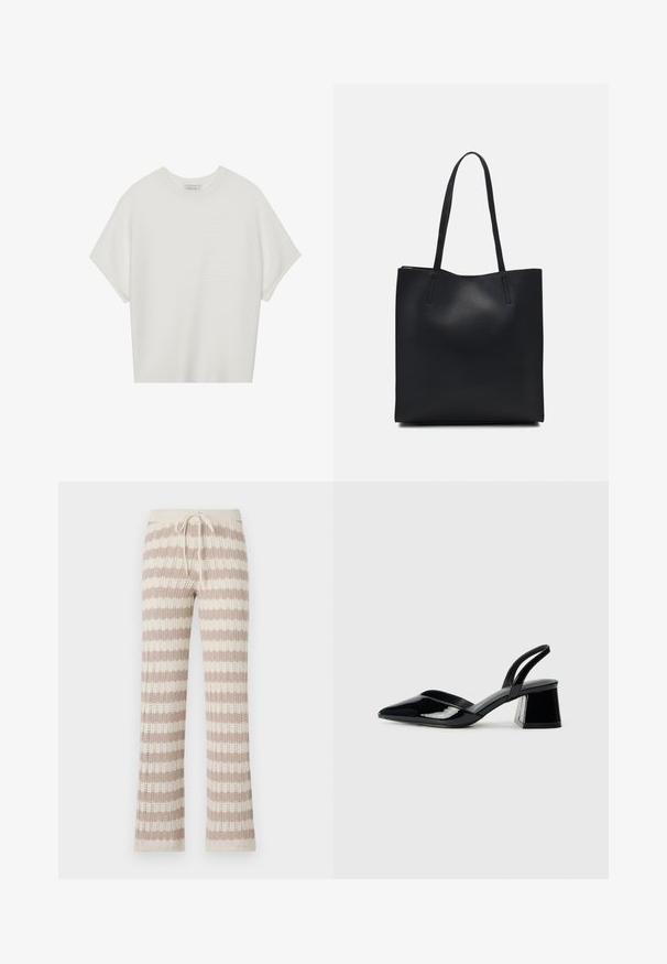 Bílý krátký rukáv tričko s širokým kulatým výstřihem a texturovaným žebrovaným vzorem, vyrobené z měkké látky, s uvolněným střihem a čistým designem.; Pletené domácí kalhoty s béžovými a krémovými svislými pruhy, vybavené stahovací šňůrkou v pase a otevřenou pletenou texturou.; Černé lakované kožené lodičky na pásku s špičatou špičkou a geometrickým blokovým podpatkem. Vyznačují se elegantním, minimalistickým designem a hladkým povrchem.; Černá kožená taška přes rameno s hladkým povrchem, obdélníkovým tvarem a dvěma dlouhými uchy. Žádné viditelné kování ani ozdoby.