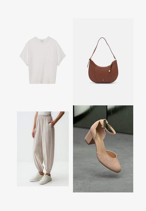 T-shirt blanc à manches courtes avec un large col rond et un motif côtelé texturé, fabriqué en tissu doux, présentant une coupe décontractée et un design épuré.; Pantalons beige clair, amples avec une taille froncée et des poignets élastiques, dotés de poches latérales et d'une texture lisse, associés à des baskets blanches.; Chaussure à talon bloc en daim beige avec un bout arrondi, une bride au niveau de la cheville et des détails en métal doré ; texture lisse et design minimaliste.; Sac à épaule en faux cuir brun, de forme arrondie, avec des coutures minimales et un accent en matériel doré. Il possède une fermeture zippée sur le dessus et une sangle réglable.