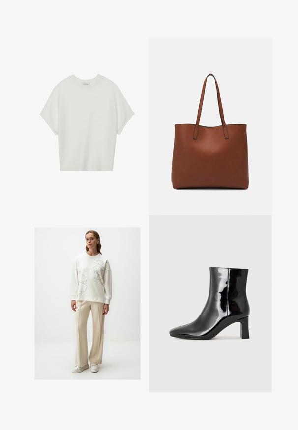 Weißes T-Shirt mit kurzen Ärmeln, weitem Rundhalsausschnitt und strukturiertem Rippenmuster, aus weichem Stoff, mit legerer Passform und einem klaren Design.; Weißes Sweatshirt mit großem, umreißendem Blumendesign, kombiniert mit beigen, weit geschnittenen Hosen. Glatte Textur, lockere Passform und weiße Sneaker.; Schwarzer Lackleder-Stiefelette mit spitzer Zehe und einem mittelhohen Blockabsatz. Glatte Textur und minimalistisches Design.; Braune Leder-Tote mit glatter Textur, offenem Oberteil und zwei Schulterriemen. Verfügt über minimale Nähte und keine sichtbaren Beschläge.