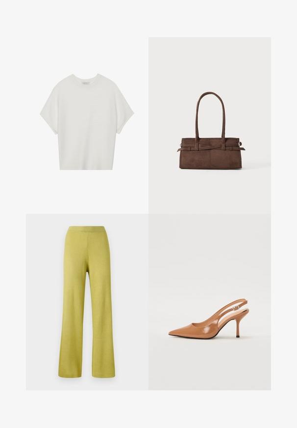 Balta trumpa rankovėmis marškinėliai su plačiu apykakle ir tekstūruotu gumbelių raštu, pagaminti iš minkštos medžiagos, pasižymintys laisvu siluetu ir tvarkingu dizainu.; Geltoni raštuoti mezginiai kelnės su laisvu siluetu, plačiomis kojomis ir elastinga juosmens juosta. Tekstūra atrodo minkšta ir elastinga.; Pailgų smailiu pirštu slingback kulnas, pagamintas iš lygaus, blizgaus rudos spalvos medžiagos. Yra kreivų išpjovimų dizainas ir lieknas stiletto kulnas. Sidabrinė sagtis.; Rudas zomšinės rankinės su dviem tvirtomis rankenomis, stačiakampio formos ir dekoratyvine juosta per priekinę dalį.