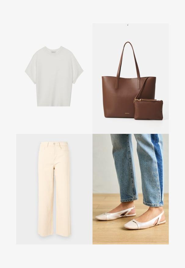 White short-sleeve t-shirt with a wide crew neck and textured ribbed pattern, made of soft fabric, featuring a relaxed fit and a clean design.; Beige wide-leg jeans made of cotton, featuring a high waist, a button closure, and two front pockets with a smooth, textured finish.; Pale pink slingback flats with a pointed toe, made from a smooth leather-like material. Features cut-out details at the sides and a flat heel.; Brown faux leather tote bag with two long handles and a matching small pouch. The surface features a textured pattern and gold hardware accents.