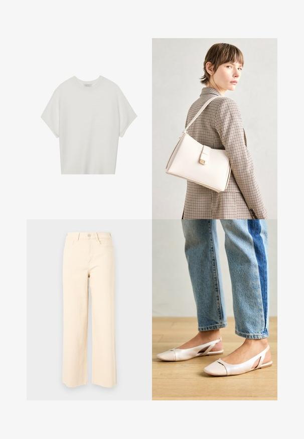 Valge lühikeste varrukatega T-särk laia ümaraha kaelusega ja tekstureeritud ribapatterniga, pehmest kangast, lõdva istuvuse ja puhta disainiga.; Beige laiadeelised teksad, mis on valmistatud puuvillast, kõrge taljega, nööbiga kinnitusega ja kahe esipoketiga, millel on sile, tekstuuriga viimistlus.; Kahvatu roosa slingback lapikute jalatsite paar, millel on terav varvas, valmistatud siledast nahataolisest materjalist. Omab külgedel lõikekohti ja lapikut kontsa.; Valge nahast käekott struktureeritud disainiga, millel on magnetlukk ja õlavarre rihm, esitletud neutraalse tausta ees.
