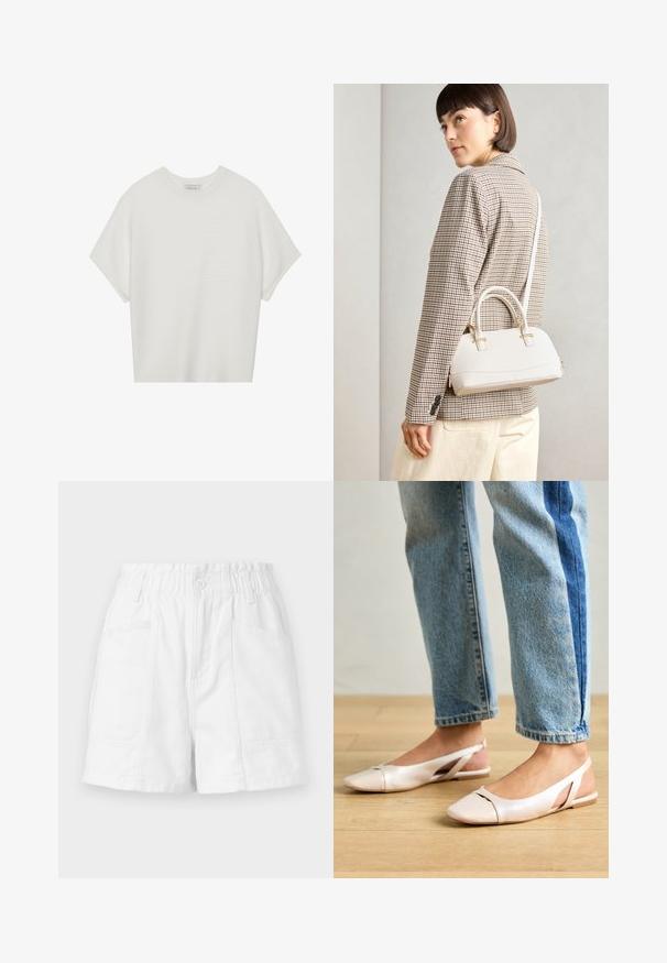 Valge lühikeste varrukatega T-särk laia ümaraha kaelusega ja tekstureeritud ribapatterniga, pehmest kangast, lõdva istuvuse ja puhta disainiga.; Valged puuvillased lühikesed püksid elastse vöökohaga, millel on ees nupp, kaks küljetaskut ja puhas, lihtne disain.; Kahvatu roosa slingback lapikute jalatsite paar, millel on terav varvas, valmistatud siledast nahataolisest materjalist. Omab külgedel lõikekohti ja lapikut kontsa.; Valge struktureeritud käekott lühikeste käepidemete ja õlavööga, millel on kuldse riistvara aktsendid ja tekstuuriga materjal, eksponeeritud halli taustal.