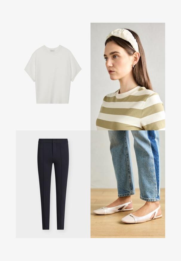 Valkoinen lyhythihainen t-paita, jossa on leveä pyöreä kaula-aukko ja teksturoitu ribbikuvio, valmistettu pehmeästä kankaasta, rento malli ja siisti muotoilu.; Laivastonsiniset räätälöidyt housut, jotka on valmistettu sileästä kankaasta. Housuilla on istuva siluetti, etutaitokset ja piilotettu vetoketjukiinnitys nappisululla.; Vaaleanpunaiset slingback-ballerinat, joissa on terävä kärki, valmistettu sileästä nahkamaisesta materiaalista. Sivujen leikkuuyksityiskohdat ja tasapohja.; Kermainen pehmustettu pääpanta, jossa on kiertävä muotoilu, yhdistettynä beige-valkoraidalliseen puseroon, jossa on pyöreä pääntie. Huomaamaton koruasu.