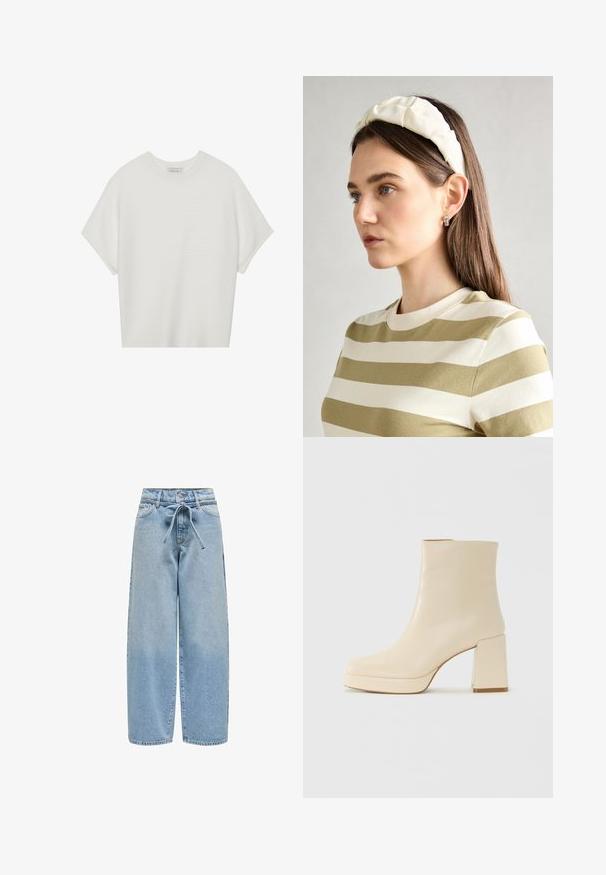 Bela majica s kratkimi rokavi in širokim ovratnikom ter teksturiranim rebrastim vzorcem, izdelana iz mehke tkanine, z udobnim krojem in čistim dizajnom.; Svetlo modri kavbojasti široki hlače z vezanim pasom, petimi žepi in rahlo poškodovanim izgledom z majhnimi pikami po celotni površini.; Bež usnjena gležnjarica z blok peto in platformo, gladka površina in rahlo kvadratni prst, obrnjena levo na belem ozadju.; Kremna ušesna traka s prepletenim dizajnom, uparjena s bež in belimi črtastimi majicami z okroglim izrezom. Diskretni nakit.