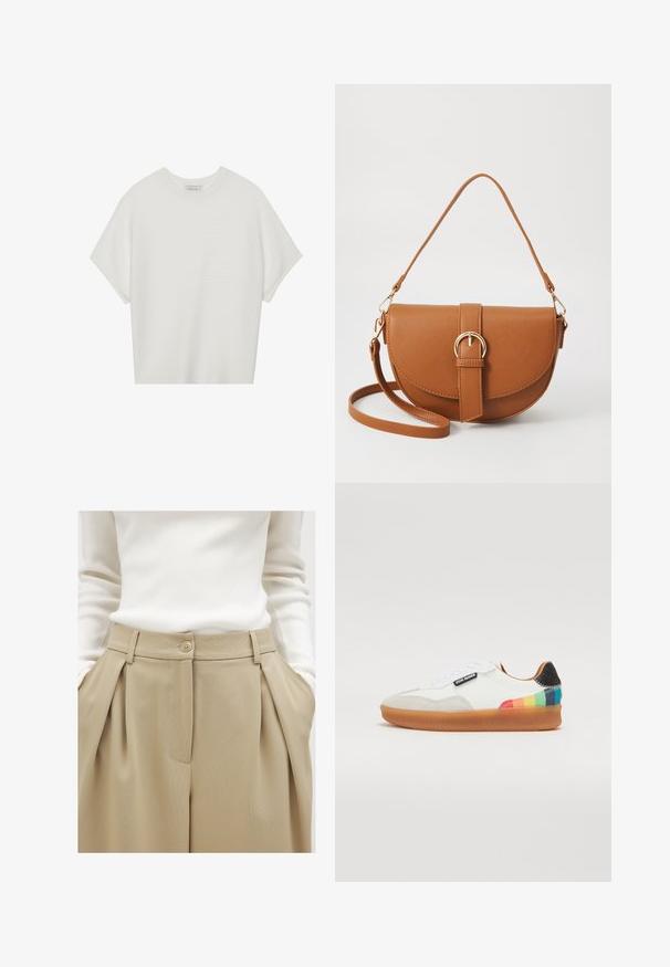 Biała koszulka z krótkim rękawem o szerokim dekolcie, wykonana z miękkiego materiału, z fakturowanym prążkowanym wzorem, charakteryzująca się luźnym krojem i minimalistycznym designem.; NA-KD - Spodnie materiałowe; Białe sneakersy z cholewką wykonaną z mieszanych materiałów z zamszowymi akcentami, gumową podeszwą oraz wielokolorowym paskiem na pięcie.; Brązowa skórzana torba na ramię o zaokrąglonym kształcie, ze złotymi akcentami i zapięciem w formie klamry. Posiada odpinany pasek na ramię.