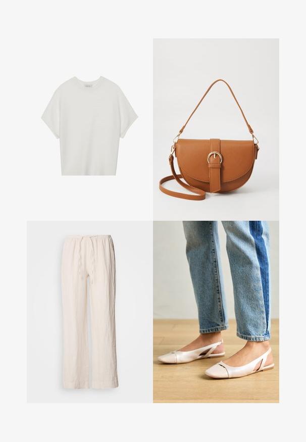 Camiseta branca de mangas curtas com um decote careca largo e um padrão texturizado canelado, feita de tecido suave, com um corte relaxado e um design limpo.; Calças largas de linho em bege claro com cintura elástica e detalhe de cordão. Apresentam uma superfície texturada e ligeiramente vincada.; Sapatilhas slingback de cor rosa pálido com bico fino, feitas de um material semelhante a couro liso. Apresentam detalhes recortados nas laterais e um salto plano.; Bolsa transversal de couro castanho com um formato curvado, ferragens douradas e um detalhe de fivela. Inclui uma alça de ombro destacável.