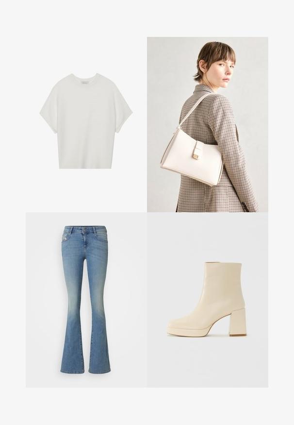 White short-sleeve t-shirt with a wide crew neck and textured ribbed pattern, made of soft fabric, featuring a relaxed fit and a clean design.; Light blue flared jeans made of denim with a faded effect. Features a button closure, five pockets, and visible stitching along the seams.; Beige leather ankle boot with block heel and platform sole, smooth finish, and slightly squared toe facing left on white background.; White leather handbag with a structured design, featuring a magnetic clasp and a shoulder strap, showcased against a neutral background.