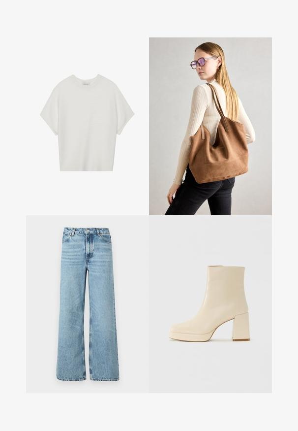 Hvit t-skjorte med korte ermer, bred rund hals og teksturert ribbet mønster, laget av myk stoff, med en avslappet passform og et enkelt design.; Lyseblå vide jeans laget av denim, med høy midje, fem-lomme design og kontrastsøm langs sømmene.; Beige lærankelstøvlett med blokkhæl og plattformsåle, glatt overflate og lett firkantet tå, vendt mot venstre på hvit bakgrunn.; Brun semsketotebag med myk tekstur, stor åpning og lange stropper. Har et enkelt design med synlig søm og uten maskinvare.