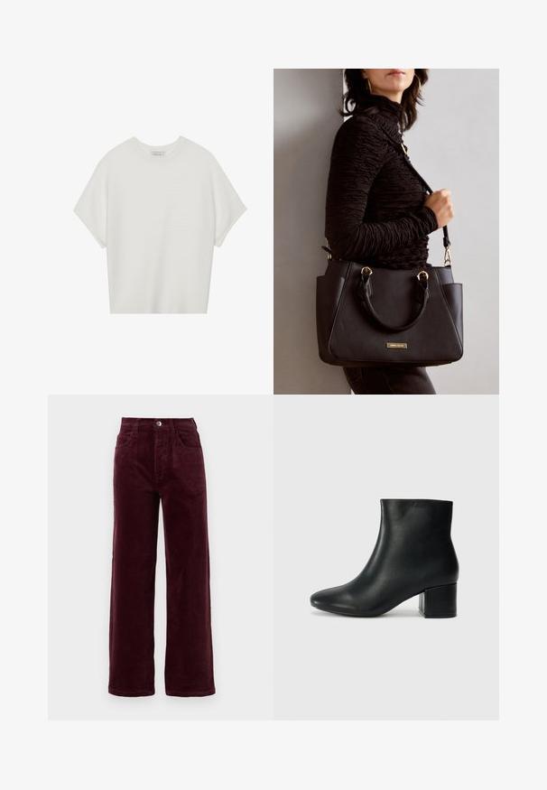 Camiseta blanca de manga corta con cuello redondo amplio y patrón acanalado texturizado, hecha de una tela suave, con un corte relajado y un diseño limpio.; Pantalones de pana burdeos de pierna recta con cintura alta, cinco bolsillos y cierre frontal de botón metálico. Tejido texturizado con canalones verticales.; Botas de cuero negras hasta el tobillo con una punta afilada y un tacón grueso. Textura lisa con acentos mínimos y un diseño elegante y ajustado.; Bolso negro con superficie texturizada, doble asa superior y correa para hombro ajustable. Presenta herrajes en tono dorado y bolsillos laterales.