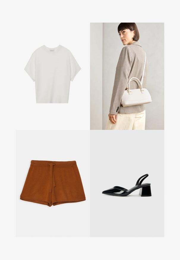 Hvit t-skjorte med korte ermer, bred rund hals og teksturert ribbet mønster, laget av myk stoff, med en avslappet passform og et enkelt design.; Brune strikkede shorts med knytterning i taljen, med en myk tekstur og et enkelt design. Nedkantet er ferdig med søm for holdbarhet.; Svarte patentlær slingback hæler med spiss tå og geometrisk blokk hæl. Har et stilrent, minimalistisk design og jevn tekstur.; Hvit strukturert håndveske med korte håndtak og skulderreim, med detaljer i gullfinish og teksturert materiale, vist mot en grå bakgrunn.