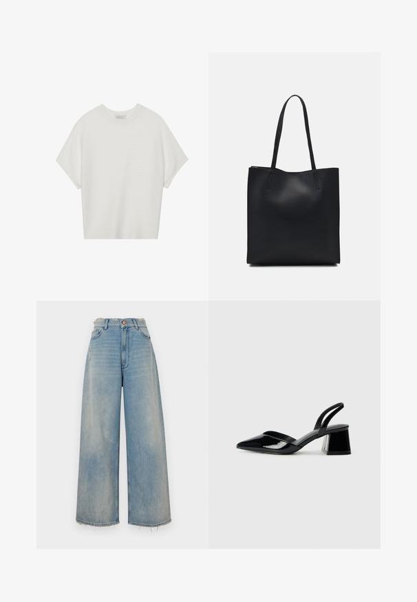 Valge lühikeste varrukatega T-särk laia ümaraha kaelusega ja tekstureeritud ribapatterniga, pehmest kangast, lõdva istuvuse ja puhta disainiga.; Heledad hallhalli sinised teksad, millel on kulunud äär, viis taskut ja nööpkinnitus. Ees on kerge kulumisjälg.; Mustad musta lakknahk kingad, millel on terav varvas ja geomeetriline plokkkonts. Omab elegantselt minimalistlikku disaini ja sujuvat tekstuuri.; Mustast nahast kott sujuva tekstuuriga, ristkülikukujuline ja kahe pika sangaga. Pole nähtavat riistvara ega kaunistusi.