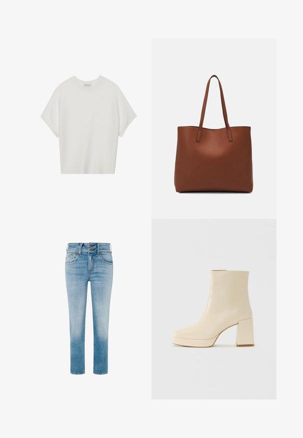 Camiseta branca de mangas curtas com um decote careca largo e um padrão texturizado canelado, feita de tecido suave, com um corte relaxado e um design limpo.; Jeans de denim azul claro com perna ajustada, dois botões na cintura e estilo clássico de cinco bolsos. Acabamento desbotado perto da bainha.; Bota ankle de couro bege com salto bloco e sola plataforma, acabamento suave e bico ligeiramente quadrado, virada para a esquerda em fundo branco.; Bolsa tote de couro castanho com uma textura suave, design de abertura superior e duas alças para o ombro. Apresenta costura mínima e sem hardware visível.