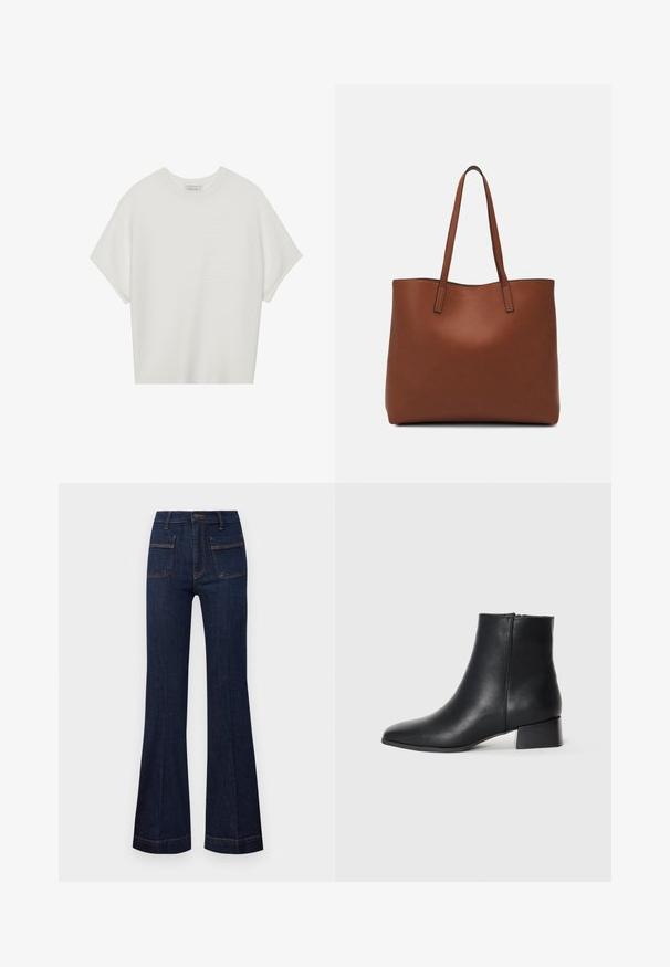 Valge lühikeste varrukatega T-särk laia ümaraha kaelusega ja tekstureeritud ribapatterniga, pehmest kangast, lõdva istuvuse ja puhta disainiga.; Tumed denimist flared teksad, millel on kohandatud lõige, kõrge vöökoht ja kontrastne oranž tikand. Kahe esiosa ja tagakoti tasku kaasas.; Must mustreboot, mille näpaga ja madala plokknäidisega, sileda tekstuuri ja minimalistikuga disainiga.; Pruun nahast tote-kott, millel on sile tekstuur, avatud ülaosa disain ja kaks õlarihma. Omab minimaalset õmblust ja nähtavat riistvara ei ole.