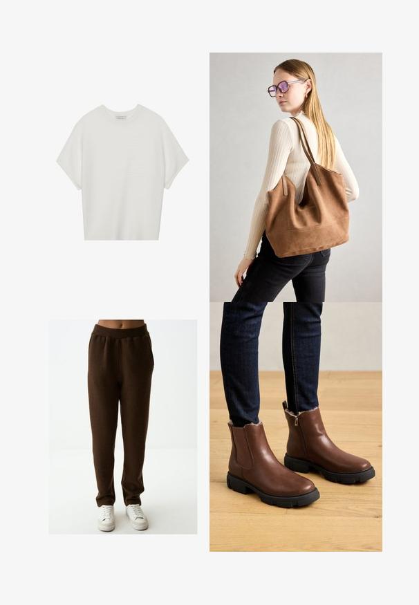 Witte T-shirt met korte mouwen, een brede ronde hals en een gestructureerd ribpatroon, gemaakt van zachte stof. Het shirt heeft een ontspannen pasvorm en een strakke uitstraling.; Bruine fleecetrousers met een elastische tailleband en zijzakken, met een zachte textuur en een relaxte pasvorm, gecombineerd met witte sneakers.; Bruine leren enkelboots met een ritssluiting, textuur oppervlak, dikke zwarte rubberen zool en zachte bontvoering bij de enkel.; Bruine suède totebag met zachte textuur, grote opening en lange hengsels. Het heeft een eenvoudig ontwerp met zichtbare stiksels en geen hardware.