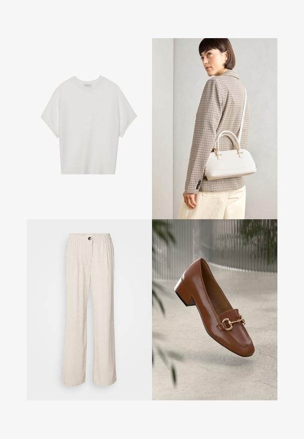 Bijela majica kratkih rukava s širokim okruglim izrezom i teksturiranim rebrastim uzorkom, izrađena od mekog materijala, s opuštenim krojem i čistim dizajnom.; Svijetlosmeđe hlače širokih nogavica s vertikalnim prugama, elastičnim pojasom i kopčanjem na gumb. Izrađene od teksturirane tkanine za opušteni kroj.; Smeđi lakirani loafer s kvadratnim vrhom, metalnim lancem kao naglaskom i niskom blok petom; glatka tekstura, minimalistički dizajn.; Bijela strukturna torba s kratkim ručkama i remenom za rame, s zlatnim metalnim detaljima i teksturiranim materijalom, prikazana na sivoj pozadini.; Zign 2 PACK - Narukvica - gold-coloured/silver-coloured