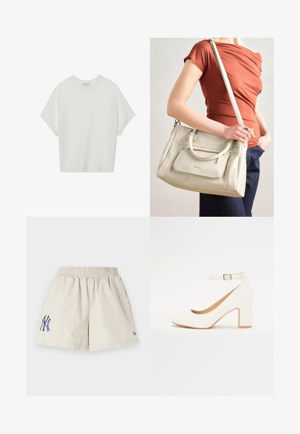 Bela majica s kratkimi rokavi in širokim ovratnikom ter teksturiranim rebrastim vzorcem, izdelana iz mehke tkanine, z udobnim krojem in čistim dizajnom.; Bež kratke hlače iz bombaža z elastičnim pasom, ki na levi strani nosijo vezeno mornarsko modro logotip NY in majhen morsko moder logotip na robu.; Bela visoka petka z ostrim nosom, blok peto in trakom okoli gležnja. Gladka površina z diskretno sijajnostjo in bež podlogo.; Bela usnjena torba z dvema ročkama in odstranljivo naramnico, ki ima sprednji žep na zadrgo in gladko teksturo. Nositi jo na osebi na roki.