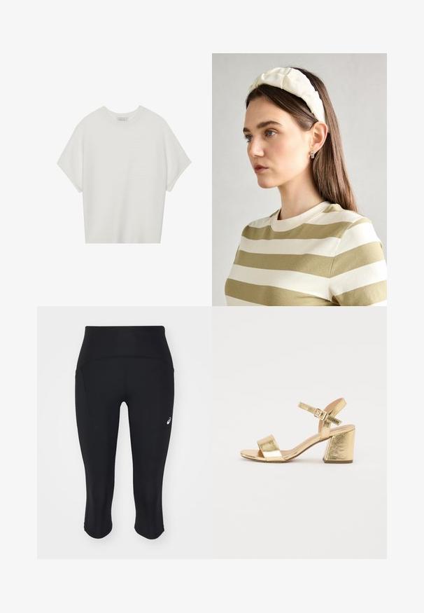 Fehér, rövid ujjú póló széles kerek nyakkivágással és textúrázott, bordás mintával, puha anyagból készült, laza fazonú és letisztult dizájnú.; Fekete capri leggings rugalmas anyagból. Magas derekú, oldalsó zsebbel rendelkezik, és egy kis logó található a bal csípőn. Simas-textúrájú.; Arany fémes, magas sarkú szandál, vastag sarkú, nyitott orrú és bokapántos. Sima textúrájú és minimalista dizájnú.; Krém színű párnázott fejpánt csavaros kivitelezéssel, bézs és fehér csíkos pólóval párosítva, kerek nyakkivágással. Diszkrét ékszer kiegészítők.