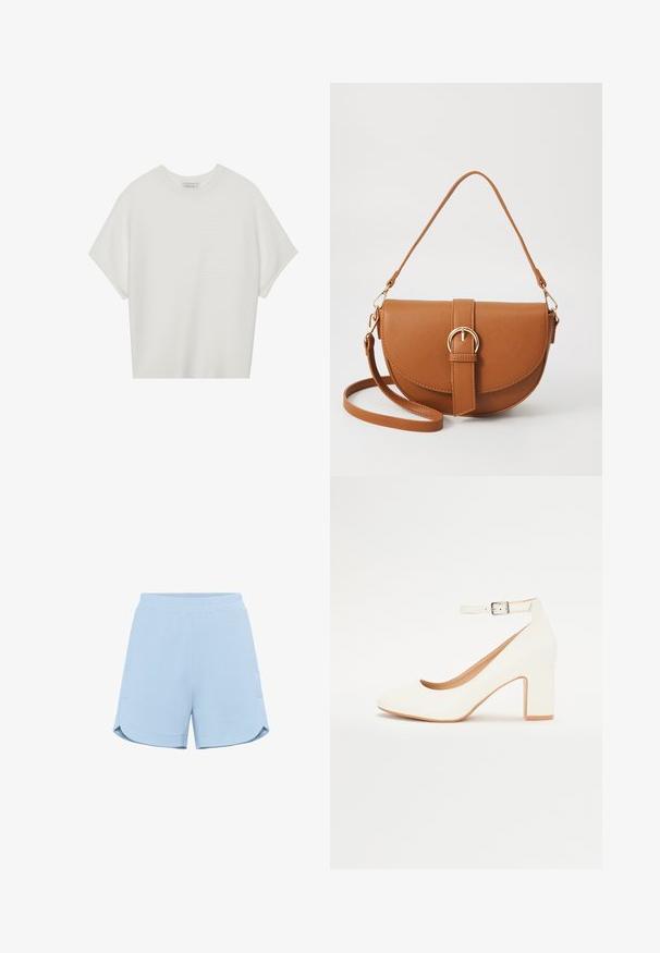 Biała koszulka z krótkim rękawem o szerokim dekolcie, wykonana z miękkiego materiału, z fakturowanym prążkowanym wzorem, charakteryzująca się luźnym krojem i minimalistycznym designem.; Jasnoniebieskie szorty wykonane z miękkiego materiału, z elastycznym pasem, bocznymi kieszeniami i skośnymi brzegami dla luźnego kroju. Gładka tekstura.; Białe buty na wysokim obcasie z wąskim czubkiem, słupkowym obcasem i paskiem wokół kostki. Gładkie wykończenie z delikatnym połyskiem i beżowym wnętrzem.; Brązowa skórzana torba na ramię o zaokrąglonym kształcie, ze złotymi akcentami i zapięciem w formie klamry. Posiada odpinany pasek na ramię.