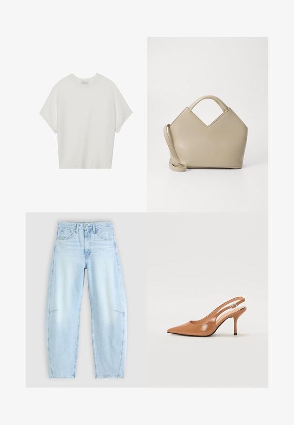 White short-sleeve t-shirt with a wide crew neck and textured ribbed pattern, made of soft fabric, featuring a relaxed fit and a clean design.; Light blue denim jeans with a relaxed fit, featuring a high waist, five-pocket design, and subtle fading with frayed hem details.; Pointed toe slingback heel in a smooth, glossy tan material. Features a curved cutout design and a slender stiletto heel. Silver buckle detail.; Beige structured handbag with a V-shaped top, smooth leather material, short handles, and a long adjustable strap. Minimalist design.