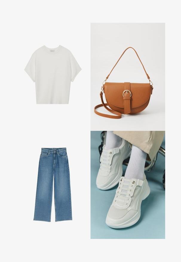 Vit kortärmad t-shirt med bred rund halsringning och texturerad ribbad mönster, tillverkad av mjukt material, med avslappnad passform och en ren design.; Ljusblå vida denimjeans med hög midja, fem fickor och synlig sömnad; tyget har en något strukturerad yta.; Vita sneakers med nätmaterial, gummisula, snörningsfri design med elastiska band och guldfärgade detaljer.; Brun läder crossbody-väska med en böjd form, gyllene detaljer och en spänneaccent. Har en avtagbar axelrem.