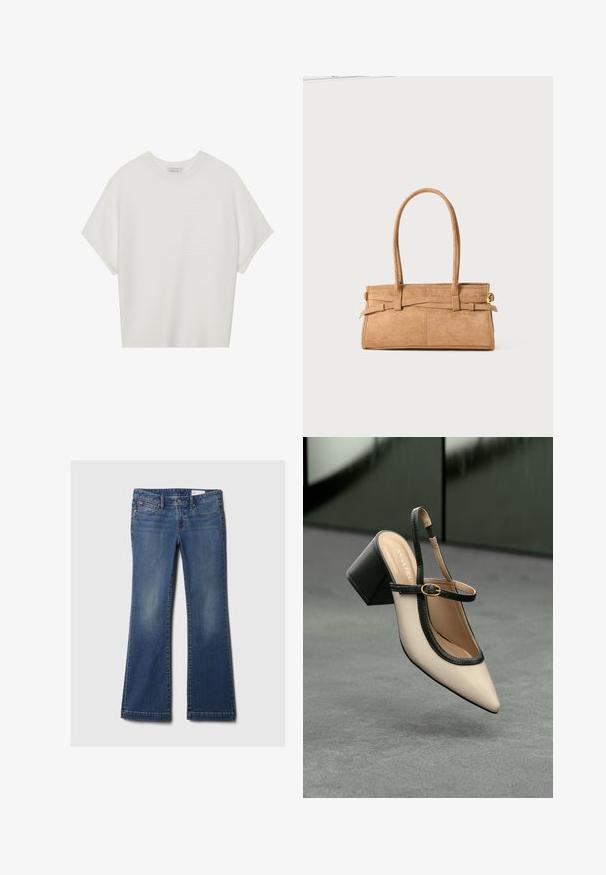Balta īsā piedurknē T-krekls ar plašu apļa kaklu un teksturētu ribu rakstu, izgatavots no mīksta auduma, ar brīvu piegriezumu un tīru dizainu.; Zili džinsi ar piecām kabatām, varšrīvēšana, viegla izbalēšana un klasiskā jostas dizains. Tieši griezums apakšā.; Beige smailā purngalā siksnu kurpe ar melnu akcentu, zelta sprādzi un masīvu bloku papēdi uz pelēka grīdas ar tumši zaļu fonu.; Salds zamšs rokassomu ar divām garām rokturiem, taisnstūra formā un dekoratīvām šuvēm. Iespējo sānu siksniņu un smalkus zelta aksesuārus.
