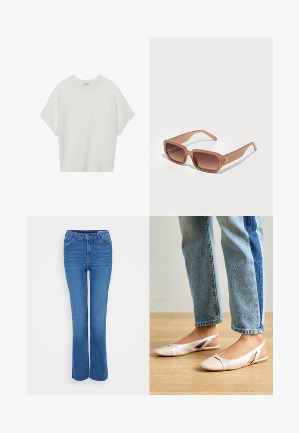 Hvit t-skjorte med korte ermer, bred rund hals og teksturert ribbet mønster, laget av myk stoff, med en avslappet passform og et enkelt design.; U-formede blå denimjeans med mellomhøyt liv, fem lommer, og subtil fading foran, med beltehemper og glidelås.; Lys rosa slingback leiligheter med spiss tå, laget av et glatt, læraktig materiale. Har utskjæringer på sidene og lav hæl.; Brune rektangulære solbriller med gradientlinser, tykke rammer og en logo detalj på siden. Glatt plastmateriale, minimalistisk design.; Brun lærcrossbody-veske med en buet form, gullhardware og et spenneakcent. Har en avtakbar skulderreim.