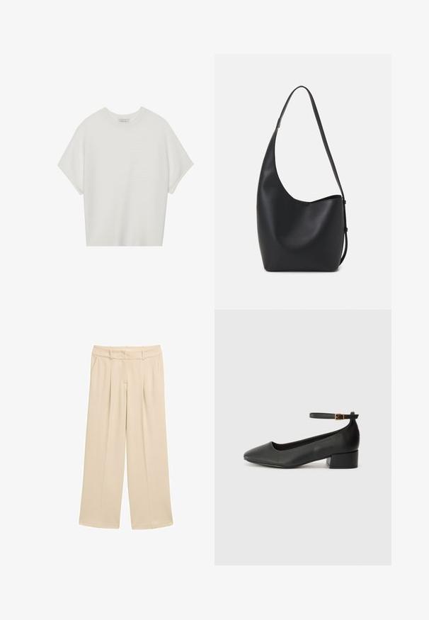Camiseta blanca de manga corta con cuello redondo amplio y patrón acanalado texturizado, hecha de una tela suave, con un corte relajado y un diseño limpio.; Pantalones de pierna ancha beige con una textura suave, que presentan una cinturilla, bolsillos frontales y pliegues pulidos para un aspecto a medida.; Zapato de tacón negro de cuero con punta afilada y tacón bajo cuadrado. Presenta una correa para el tobillo con una hebilla en tono dorado. Textura suave.; Bolso tipo hobo de cuero negro con una textura suave, forma curvada y una sola correa ajustable; presenta una amplia apertura en la parte superior.