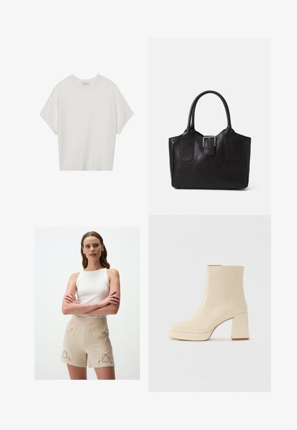 Witte T-shirt met korte mouwen, een brede ronde hals en een gestructureerd ribpatroon, gemaakt van zachte stof. Het shirt heeft een ontspannen pasvorm en een strakke uitstraling.; Beige shorts met bloemenborduursels en uitsnijdingen, gecombineerd met een aansluitend wit tanktop. Zachte stof met een relaxte pasvorm.; Beige leren enkelboot met blokhak en plateauzool, gladde afwerking en licht vierkante neus, gericht naar links op een witte achtergrond.; Zwarte leren tote bag met een gladde textuur, gestructureerde vorm, twee handvatten en een opvallend zilveren sluitingdetail aan de voorkant.