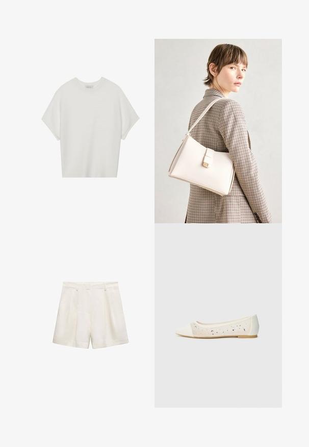 Witte T-shirt met korte mouwen, een brede ronde hals en een gestructureerd ribpatroon, gemaakt van zachte stof. Het shirt heeft een ontspannen pasvorm en een strakke uitstraling.; Witte shorts gemaakt van een gladde stof, met een geplooid ontwerp, zijzakken en een zoom die net boven de knie valt.; Puntige ballerina in crème leer met transparante bovenkant, versierd met verspreide rhinestones. Zachte zool voor comfort, minimalistisch ontwerp.; Witte leren handtas met een gestructureerd ontwerp, voorzien van een magneetsluiting en een schouderriem, tentoongesteld tegen een neutrale achtergrond.