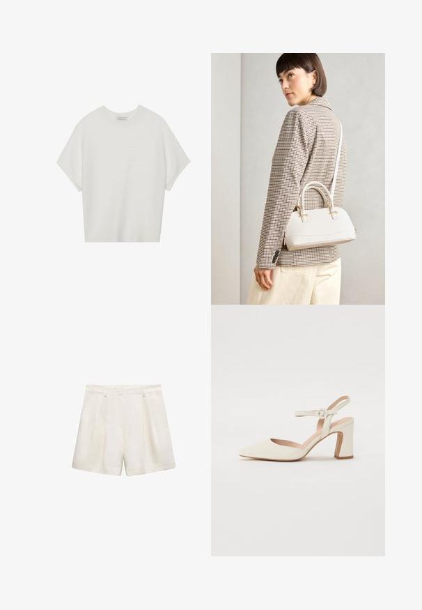 Weißes T-Shirt mit kurzen Ärmeln, weitem Rundhalsausschnitt und strukturiertem Rippenmuster, aus weichem Stoff, mit legerer Passform und einem klaren Design.; Weiße Shorts aus glattem Stoff mit einem plissierten Design, seitlichen Taschen und einem Saum, der knapp über dem Knie endet.; Spitz zulaufender, cremefarbener Pumps mit Blockabsatz. Verfügt über ein dünnes Knöchelriemchen mit einer runden Schnalle und einer glatten Lederoberfläche.; Weiße strukturierte Handtasche mit kurzen Griffen und einem Schultergurt, ausgestattet mit goldfarbenen Hardware-Elementen und strukturiertem Material, vor einem grauen Hintergrund präsentiert.