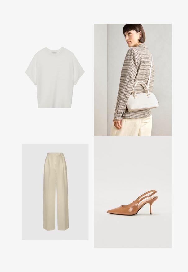 White short-sleeve t-shirt with a wide crew neck and textured ribbed pattern, made of soft fabric, featuring a relaxed fit and a clean design.; ANDIATA GYTTA - Trousers - champagne; Pointed toe slingback heel in a smooth, glossy tan material. Features a curved cutout design and a slender stiletto heel. Silver buckle detail.; White structured handbag with short handles and a shoulder strap, featuring gold hardware accents and textured material, displayed against a grey background.