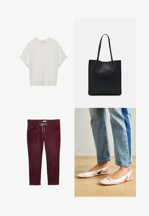 Bela majica s kratkimi rokavi in širokim ovratnikom ter teksturiranim rebrastim vzorcem, izdelana iz mehke tkanine, z udobnim krojem in čistim dizajnom.; Bordo hlače z vrvico v pasu, sprednjimi žepi in zvitimi manšetami. Narejene so iz mehkega blaga z gladko teksturo in diskretnimi šivi.; Svijetloružičaste slingback balerinke s šiljastim nožnim prstima, napravljene od glatkog materijala nalik koži. Imaju izrezane detalje sa strane i ravne pete.; Črna usnjena torba s svilnato teksturo, pravokotne oblike in dvema dolgima ročajema. Brez vidnih metalnih delov ali okrasnih elementov.