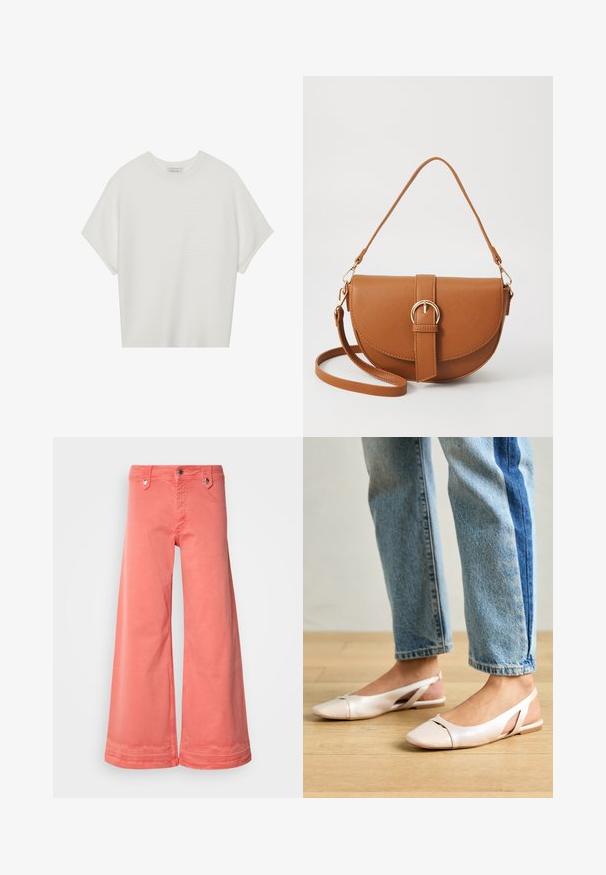 Camiseta branca de mangas curtas com um decote careca largo e um padrão texturizado canelado, feita de tecido suave, com um corte relaxado e um design limpo.; Calças largas corais feitas de algodão, com cinco bolsos, peças de metal e um acabamento limpo nas bainhas. Apresenta um clássico fecho de botão e zip.; Sapatilhas slingback de cor rosa pálido com bico fino, feitas de um material semelhante a couro liso. Apresentam detalhes recortados nas laterais e um salto plano.; Bolsa transversal de couro castanho com um formato curvado, ferragens douradas e um detalhe de fivela. Inclui uma alça de ombro destacável.