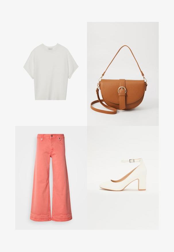 Camiseta branca de mangas curtas com um decote careca largo e um padrão texturizado canelado, feita de tecido suave, com um corte relaxado e um design limpo.; Calças largas corais feitas de algodão, com cinco bolsos, peças de metal e um acabamento limpo nas bainhas. Apresenta um clássico fecho de botão e zip.; Sandalha branca de salto alto com ponta afiada, salto bloco e tira no tornozelo. Acabamento suave com um brilho subtil e forro bege.; Bolsa transversal de couro castanho com um formato curvado, ferragens douradas e um detalhe de fivela. Inclui uma alça de ombro destacável.