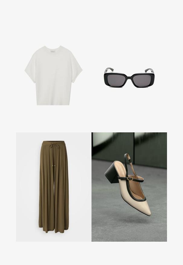 Bílý krátký rukáv tričko s širokým kulatým výstřihem a texturovaným žebrovaným vzorem, vyrobené z měkké látky, s uvolněným střihem a čistým designem.; ONLY ONLCHIARA PANTS - Kalhoty - khaki; Beige boty s špičatou špičkou a otevřenou patou, černými detaily, zlatou přezkou a silným blokovým podpatkem, na šedé podlaze s tmavě zeleným pozadím.; Černé obdélníkové sluneční brýle s tmavými skly, hladkým plastovým rámem a zakřivenými stranicemi. Design je robustní s minimalistickou estetikou.; Bílá kožená kabelka se strukturálním designem, s magnetickým uzávěrem a ramenním popruhem, prezentovaná na neutrálním pozadí.