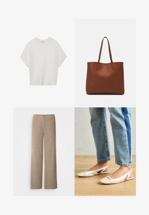 Valkoinen lyhythihainen t-paita, jossa on leveä pyöreä kaula-aukko ja teksturoitu ribbikuvio, valmistettu pehmeästä kankaasta, rento malli ja siisti muotoilu.; Mos Mosh ENYA - Housut - light brown; Vaaleanpunaiset slingback-ballerinat, joissa on terävä kärki, valmistettu sileästä nahkamaisesta materiaalista. Sivujen leikkuuyksityiskohdat ja tasapohja.; Ruskea nahkainen olkalaukku, jossa on sileä pinta, avoin yläosa ja kaksi olkahihnaa. Omaavat vain minimaalisen ompelun eikä näkyvää metalliosaa.